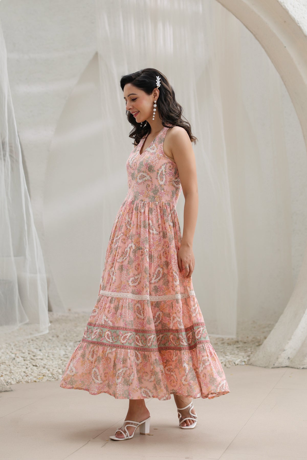 Printed Pure Cotton Fit & Flare Maxi Ethnic Dress – Rain & Rainbow