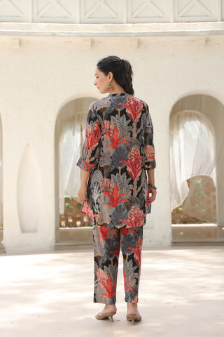 Floral Design Cotton Tunic Set Black
