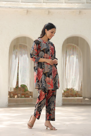 Floral Print Black Tunic Co-ord Set