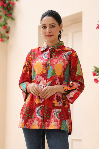 Floral Print Cotton Shirt Collar Top