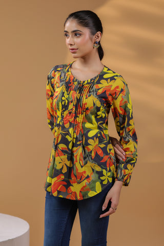 Floral Printed Black Cotton Top