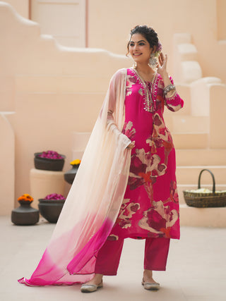 Floral Printed Silk Kurta Set