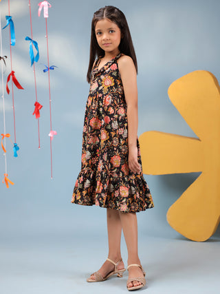 Floral V-neck fit and flare cotton dress for girls