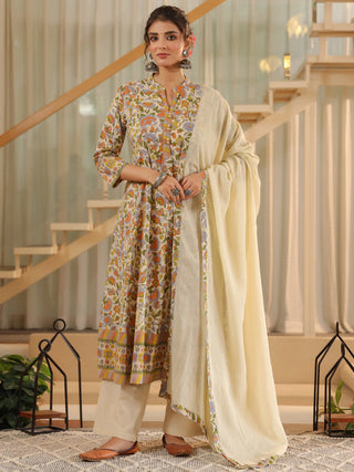Floral beige kurta set with trousers