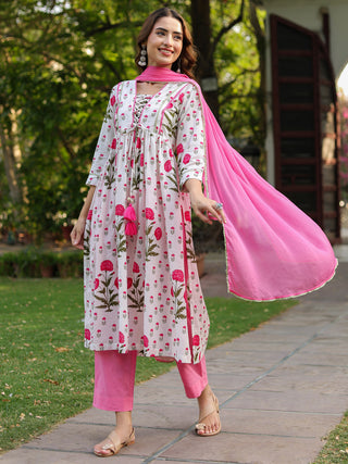 Floral cotton kurta with trousers and dupatta
