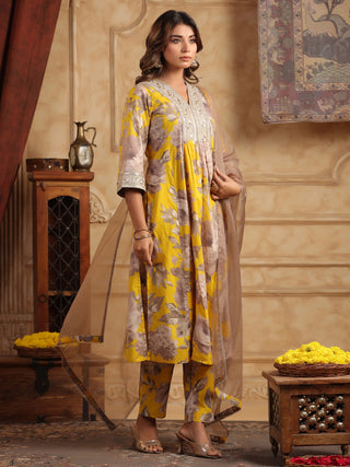 Floral mustard cotton kurta set