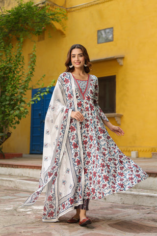 Floral print sequinned cotton kurta set with matching trousers and dupatta