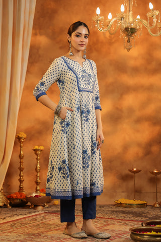 Floral printed blue ethnic set