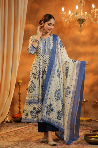 Floral printed blue kurta with dupatta