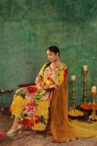 Floral printed cotton kurta set with dupatta