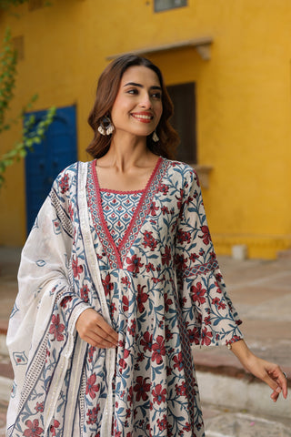Floral printed ethnic cotton kurta paired with trousers and dupatta