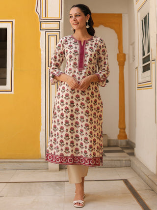 Floral printed notch neck cotton kurta