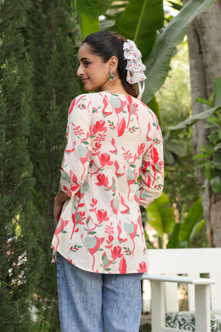 Floral printed round neck cotton top for women