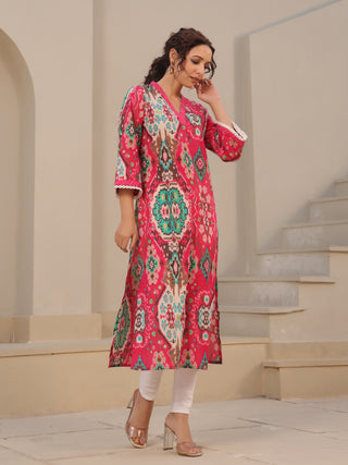Fuchsia printed cotton kurta