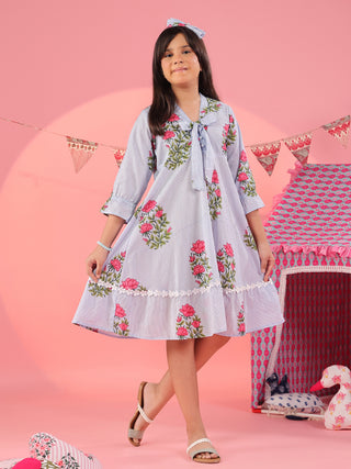 Girls blue floral cotton dress