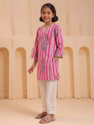 Girls floral striped V-neck kurta for festive wear
