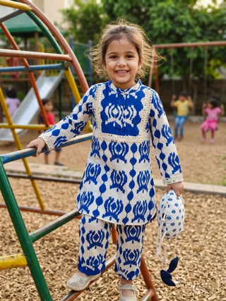Girls lace detail cotton printed tunic with matching trousers