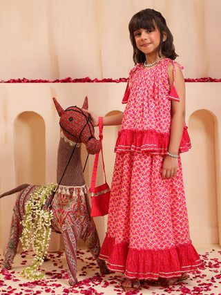 Girls printed cotton top skirt set