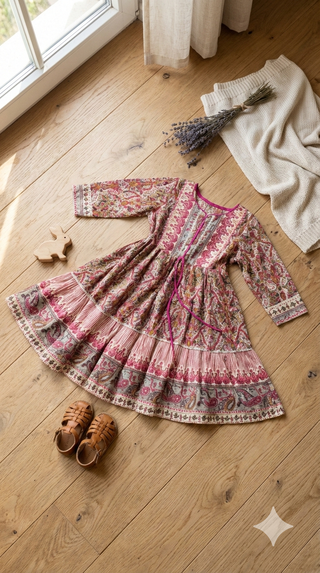 Girls round neck ethnic print tiered maxi dress