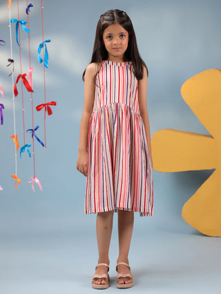 Girls striped cotton ethnic fit flare dress