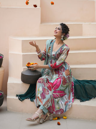 Green A-Line Kurta Dupatta Set