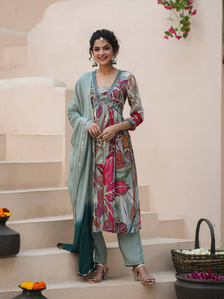 Green Chinon A-Line Kurta Set
