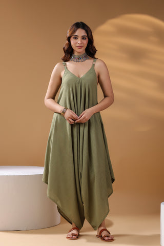 Green Cotton Strap Jumpsuit