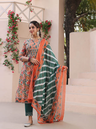 Green Floral Cotton Kurta Set