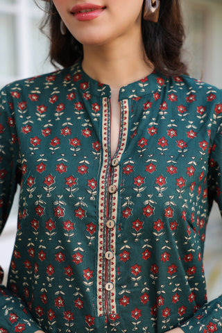 Green cotton top with mandarin collar