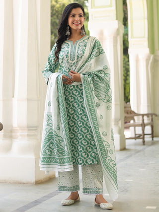 Green ethnic motif cotton kurta set