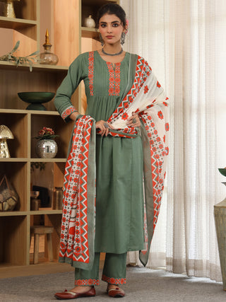 Green printed cotton kurta set