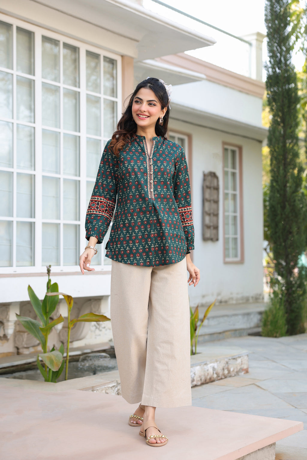 Rain & Rainbow Green Print Cotton Top with Mandarin Collar