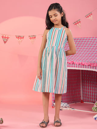 Kids ethnic striped cotton round neck dress