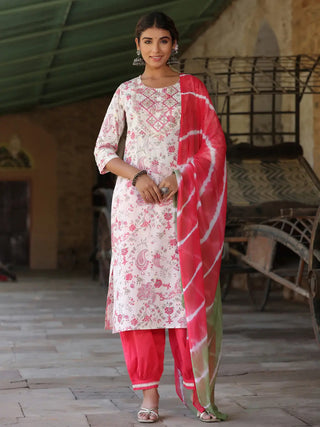 Women Cream Floral Printed Pure Cotton embroidered Straight Kurta With Salwar And Dyed Dupatta