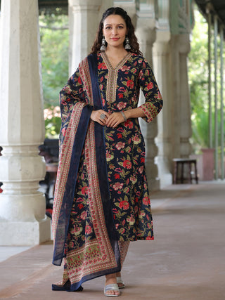 Women Navy Blue Floral Printed Pure Cotton Straight Kurta With Printed Dupatta & Printed Trouser