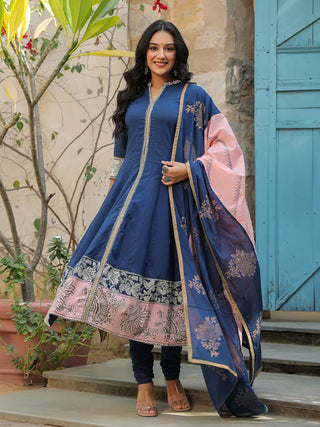 Women Navy Blue Pure Cotton Anarkali Kurta with Churidar & Dupatta, Mandarin Collar