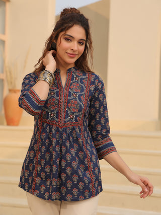 Mandarin Collar Cotton Shirt Top