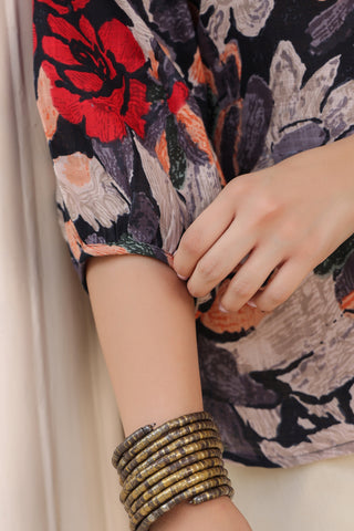 Mandarin collar printed top set