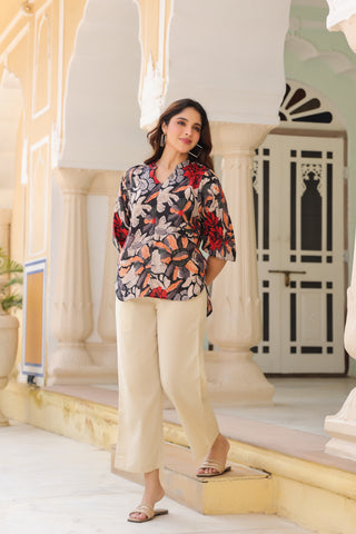 Mandarin collar printed top trouser set