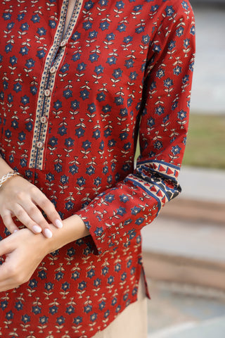 Maroon cotton top with mandarin collar