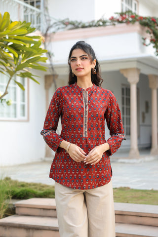 Maroon print mandarin collar top