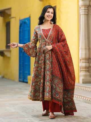 Maroon printed cotton kurta set with dupatta