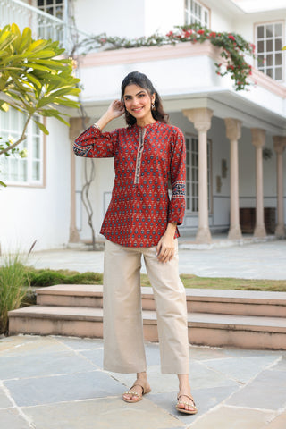 Maroon printed cotton top for women