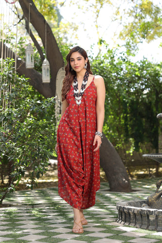 Maroon printed sleeveless cotton jumpsuit