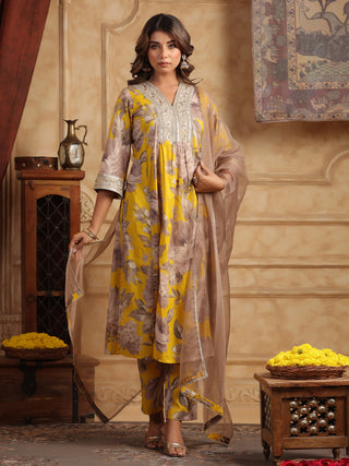 Mustard floral cotton Anarkali set