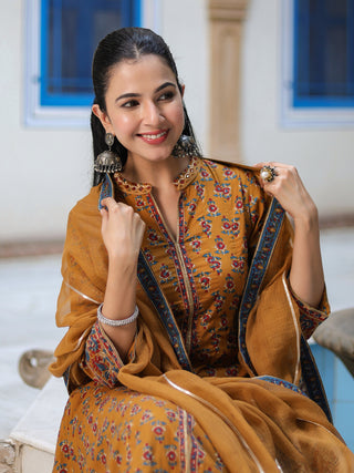 Mustard yellow printed kurta pant dupatta
