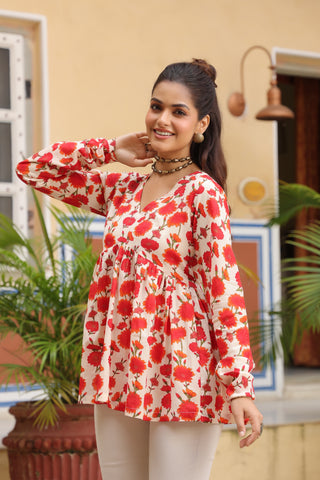 Orange floral print cotton top
