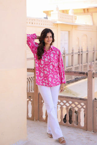Pink Printed Cotton Casual Shirt for Women