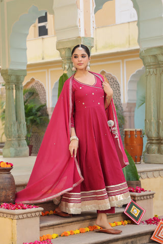 Pink cotton Anarkali kurta with trousers and dupatta