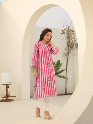 Pink printed cotton kurta